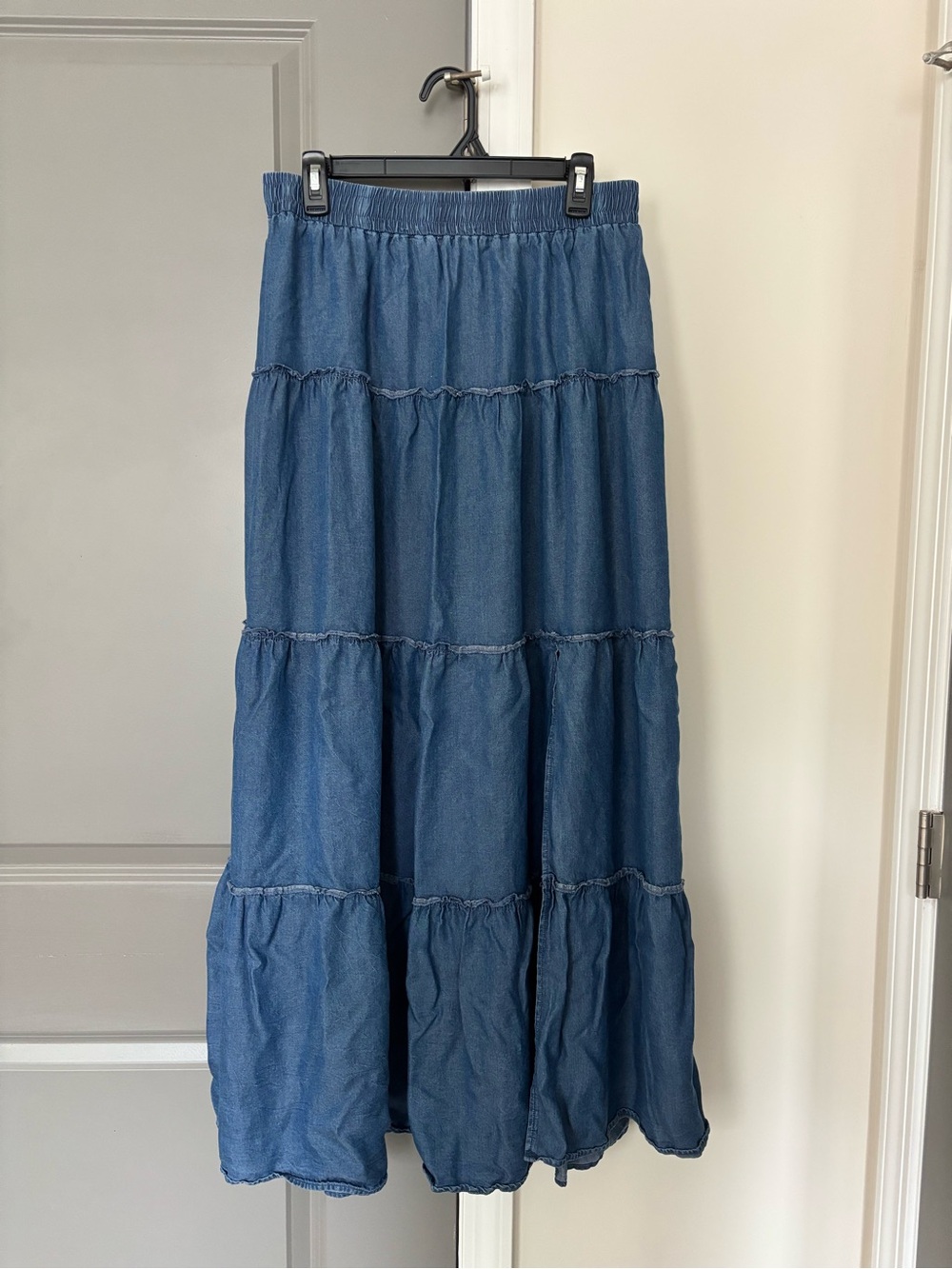 Francesca’s Tiered Denim Maxi Skirt